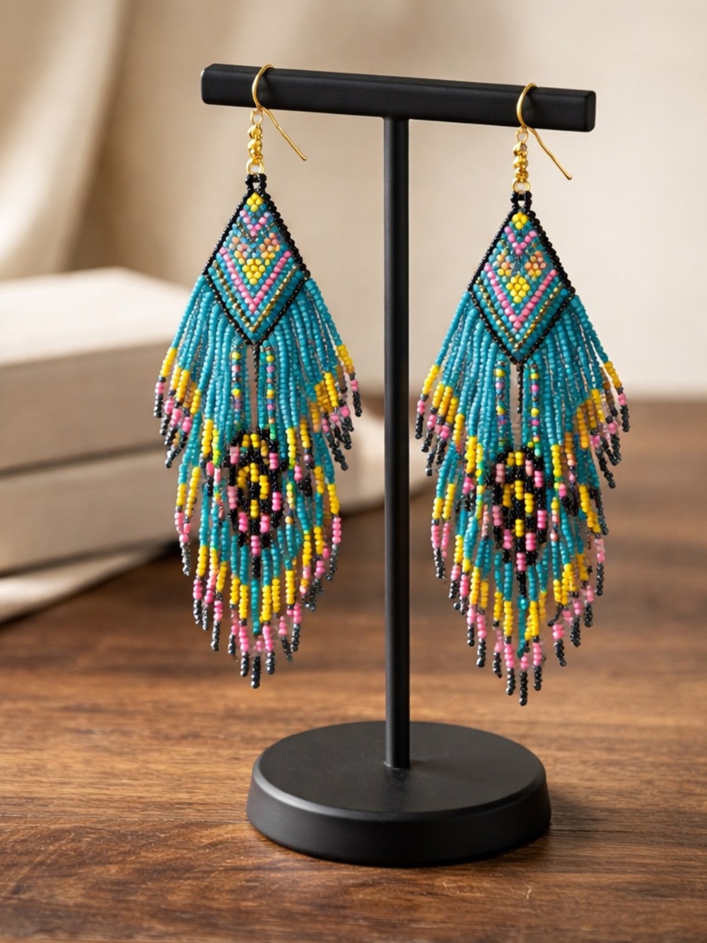 Pink Turquoise Gold Beaded Fringe Earrings Boho Western Cowgirl